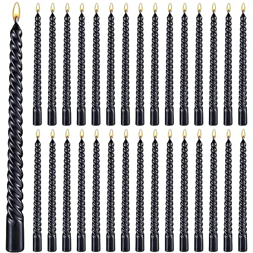 MTLEE 30 Pieces 10 Inch Metallic Taper Candles Spiral Candle Dripless Long Candle Sticks 8 Hrs Clean Burning Unscented Tapered Candles Glossy Metal Like Candlesticks for Wedding Dinn (Black)