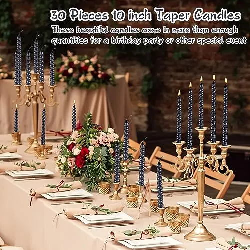 MTLEE 30 Pieces 10 Inch Metallic Taper Candles Spiral Candle Dripless Long Candle Sticks 8 Hrs Clean Burning Unscented Tapered Candles Glossy Metal Like Candlesticks for Wedding Dinn (Black)