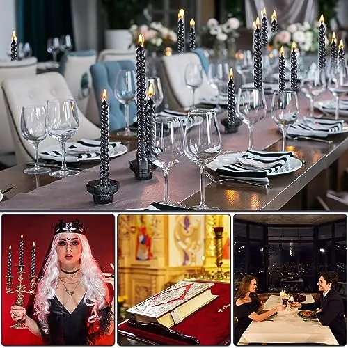 MTLEE 30 Pieces 10 Inch Metallic Taper Candles Spiral Candle Dripless Long Candle Sticks 8 Hrs Clean Burning Unscented Tapered Candles Glossy Metal Like Candlesticks for Wedding Dinn (Black)