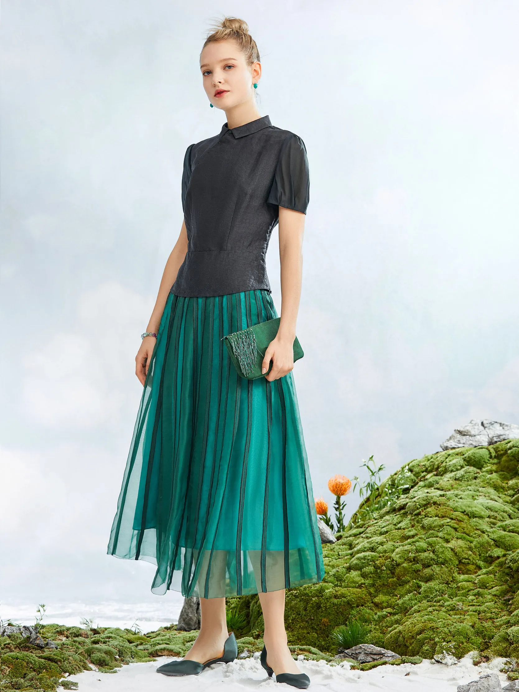 Mulberry Silk Organza Skirt with Gambiered Guangdong Silk Strip