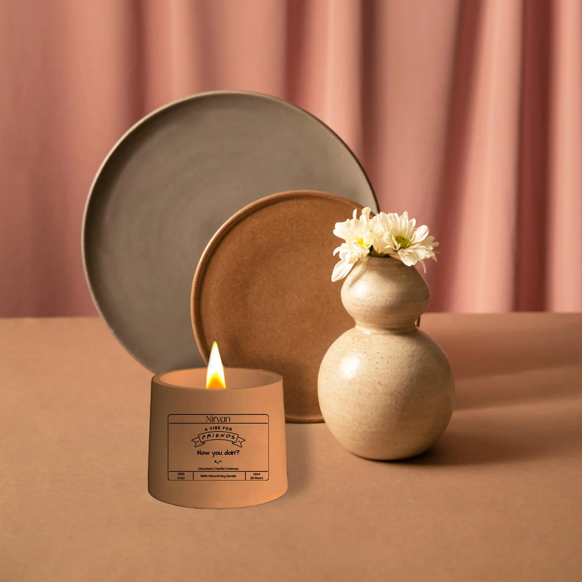 Nirvan F.R.I.E.N.D.S Scented Candle, Aromatic Fragrance of Chocolate, Vanilla & Walnuts, 150gm of Soy Wax, Up to 32 Hours, Eco-Friendly Aesthetic Jar