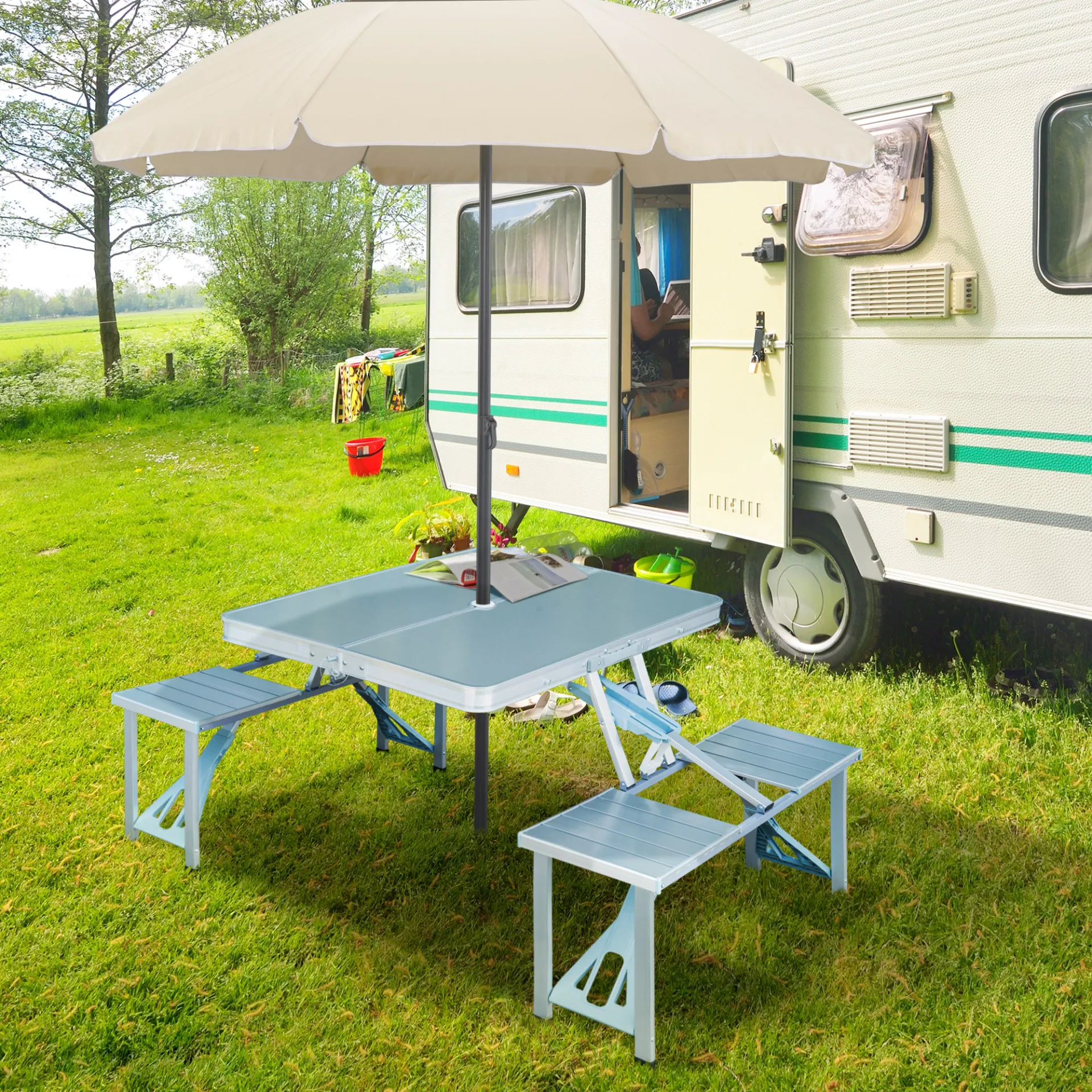 Outsunny Portable Folding Camping Picnic Table and Chairs Stools Set