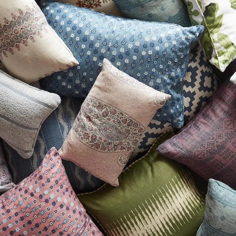 Peter Dunham Textiles Outdoor Amida in Green on Natural Pillow