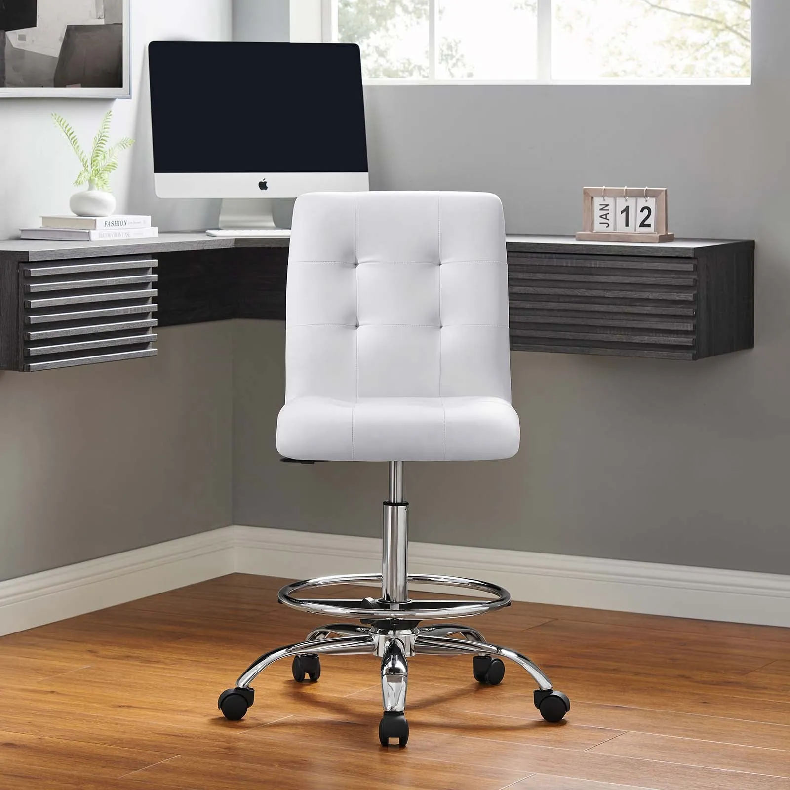 Prim Armless Vegan Leather Drafting Chair Silver White EEI-4981-SLV-WHI