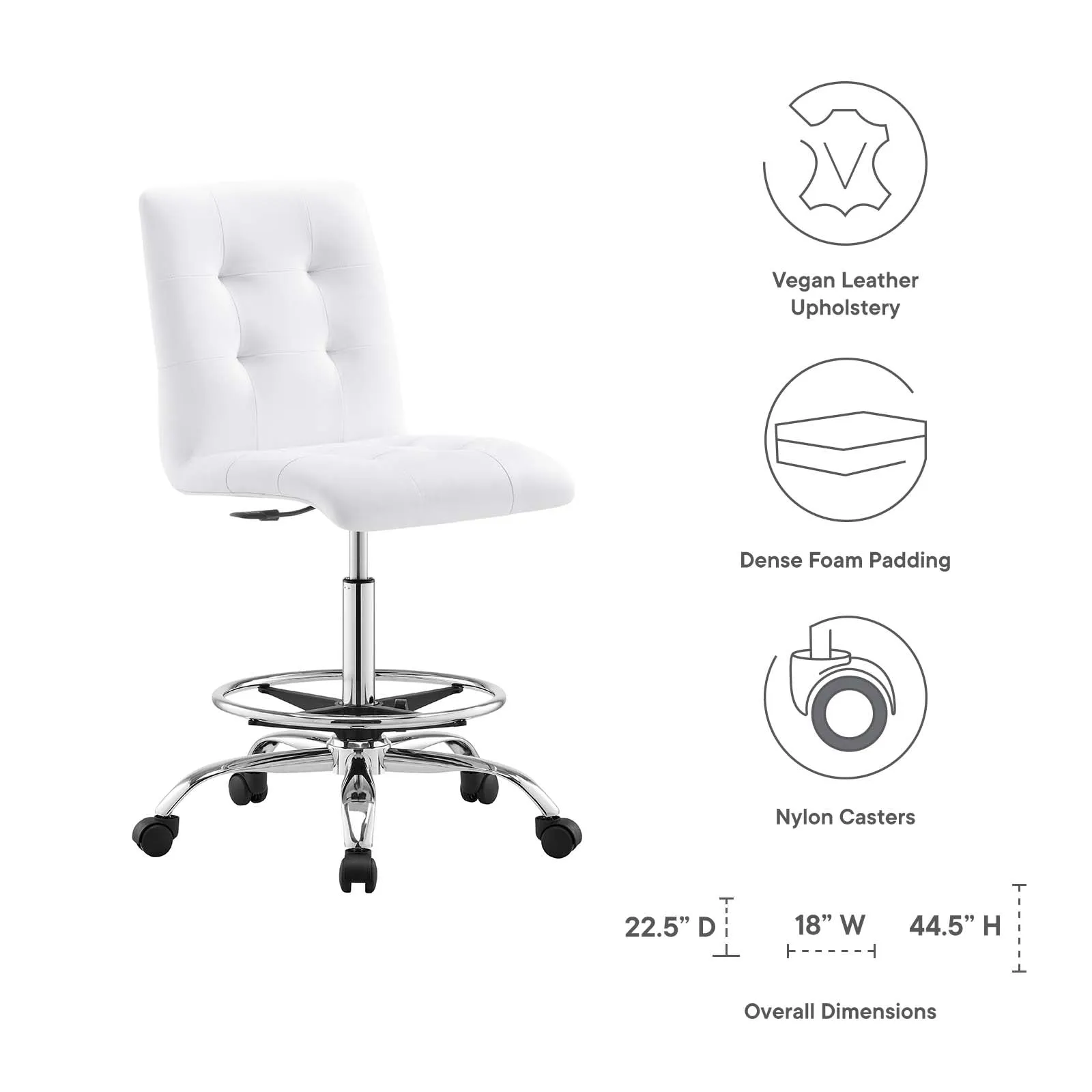 Prim Armless Vegan Leather Drafting Chair Silver White EEI-4981-SLV-WHI