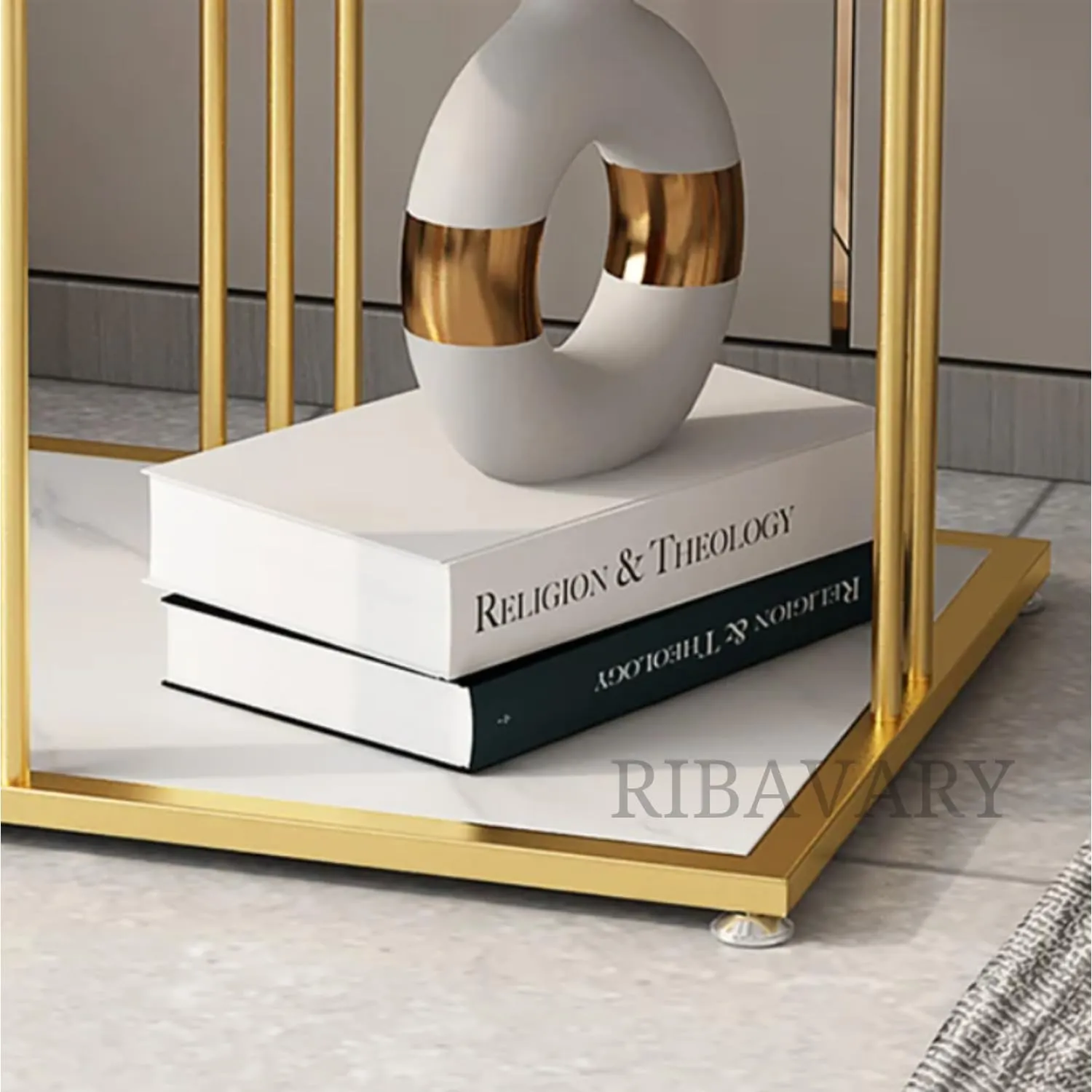RIBAVARY® Metal Cocktail Coffee Table for Living Room, Bedroom and Farmhouse, Side Table for Small Spaces, with Two-Layer Storage for Small Space (Golden & White, Square Structure)