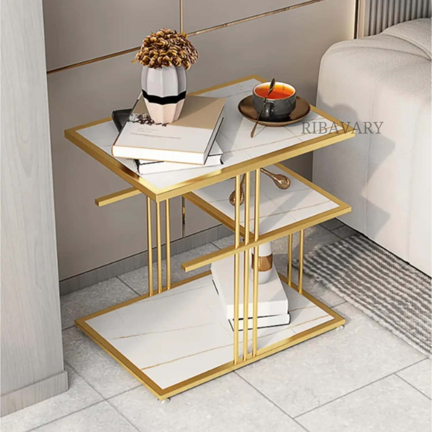 RIBAVARY® Metal Cocktail Coffee Table for Living Room, Bedroom and Farmhouse, Side Table for Small Spaces, with Two-Layer Storage for Small Space (Golden & White, Square Structure)