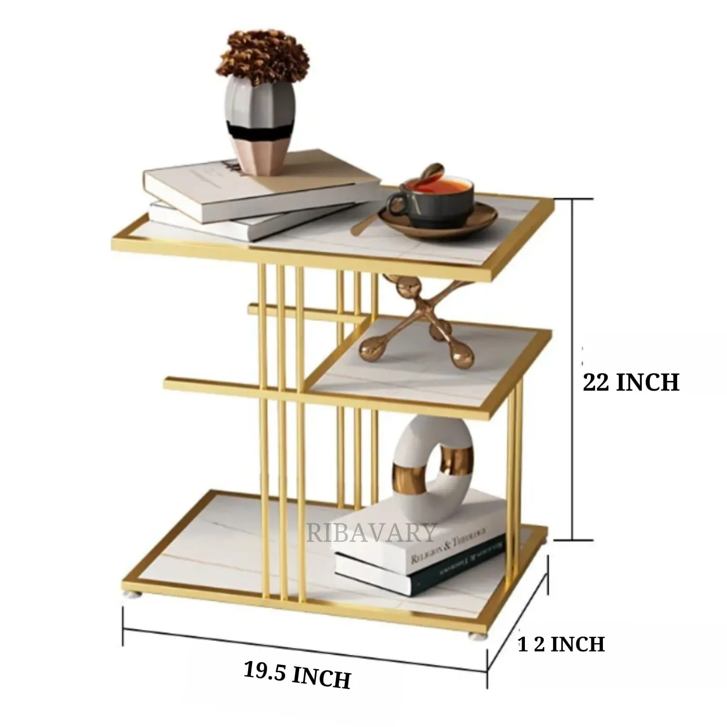 RIBAVARY® Metal Cocktail Coffee Table for Living Room, Bedroom and Farmhouse, Side Table for Small Spaces, with Two-Layer Storage for Small Space (Golden & White, Square Structure)