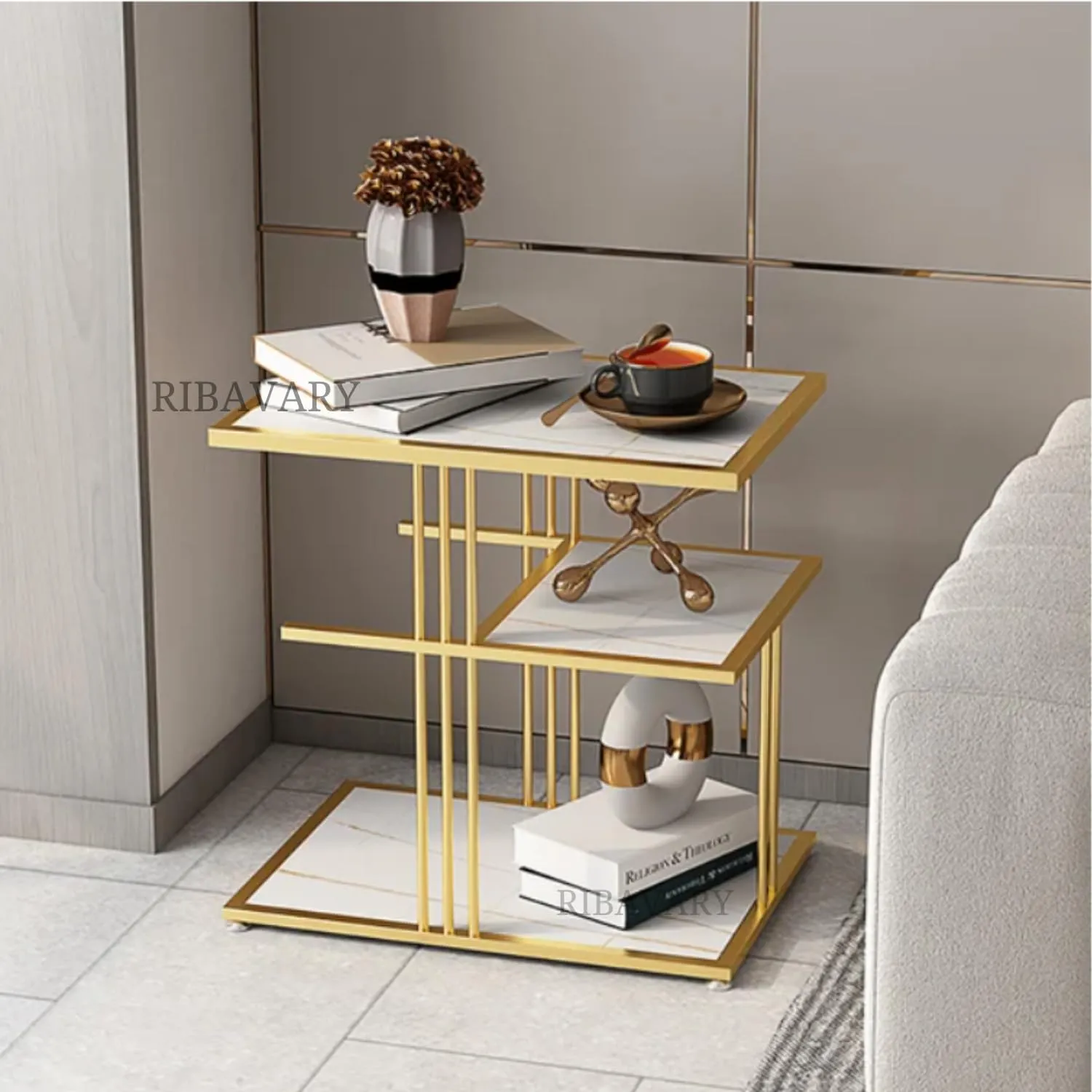 RIBAVARY® Metal Cocktail Coffee Table for Living Room, Bedroom and Farmhouse, Side Table for Small Spaces, with Two-Layer Storage for Small Space (Golden & White, Square Structure)