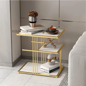 RIBAVARY® Metal Cocktail Coffee Table for Living Room, Bedroom and Farmhouse, Side Table for Small Spaces, with Two-Layer Storage for Small Space (Golden & White, Square Structure)