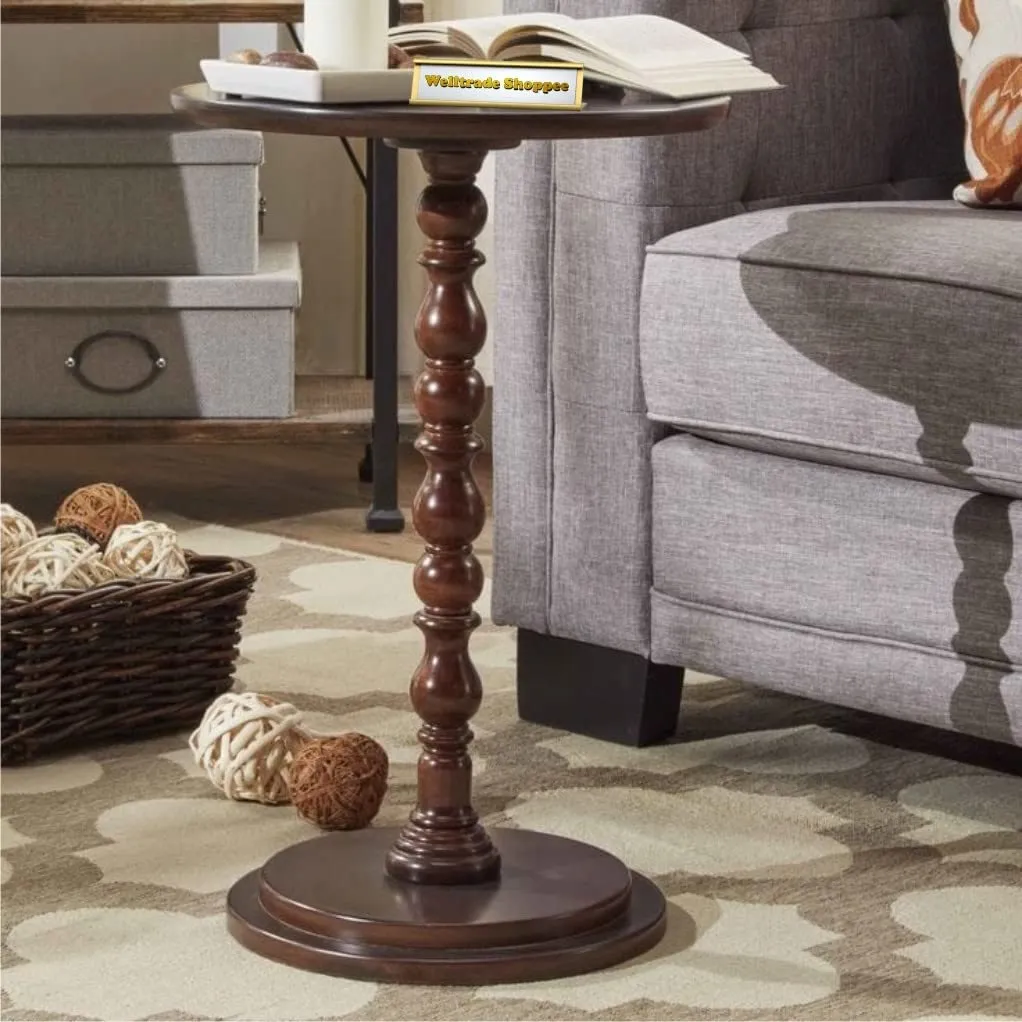ROYAL STORE Wooden Round Table with Single Pillar, Modern Round Coffee Table, Glossy Finish Night Stand, Coffee Table for Living Room End Table for Magazines, Books and Plants (Brown)
