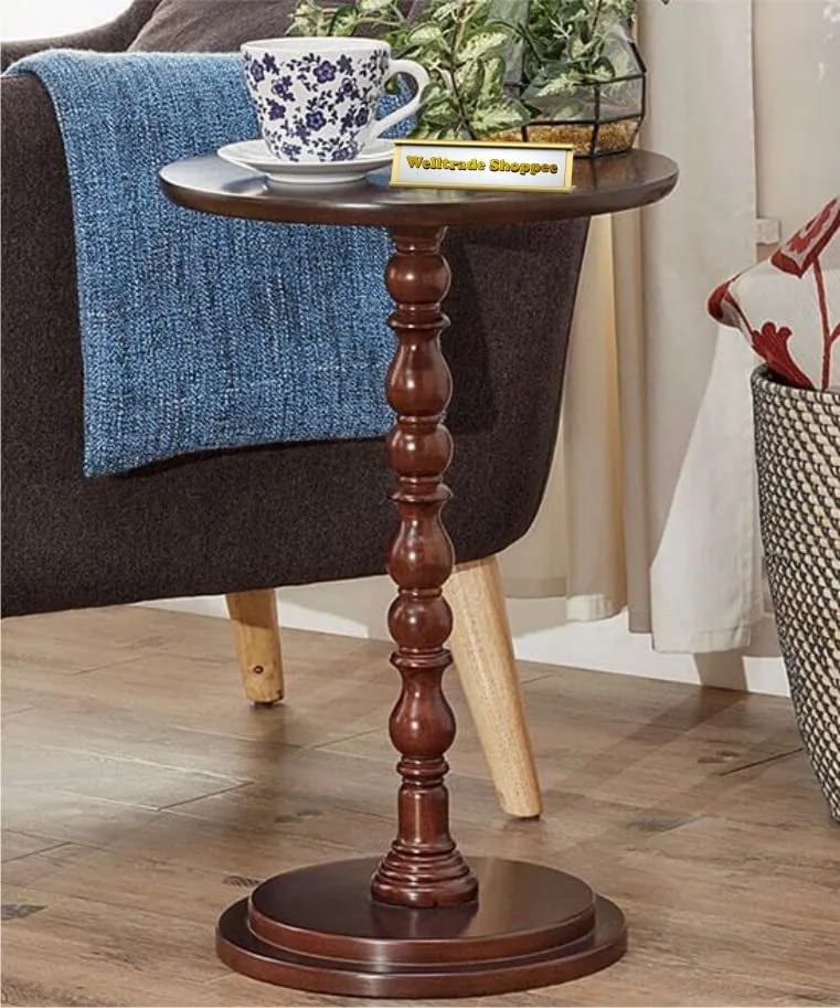 ROYAL STORE Wooden Round Table with Single Pillar, Modern Round Coffee Table, Glossy Finish Night Stand, Coffee Table for Living Room End Table for Magazines, Books and Plants (Brown)