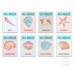Set Of 8 Coastal Travel Posters INSTANT DOWNLOAD Art Prints, Seashell Art, Beach Prints, Coastal Wall Art, Watercolor Neutral