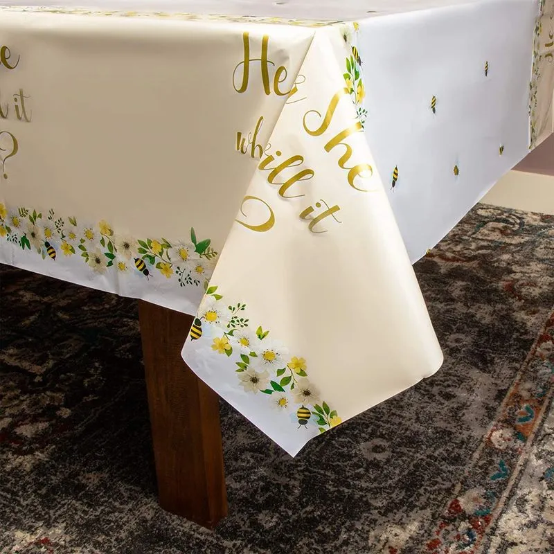 Sparkle and Bash Bee Plastic Tablecloth for Gender Reveal Party (54 x 108 Inches, 3 Pack)