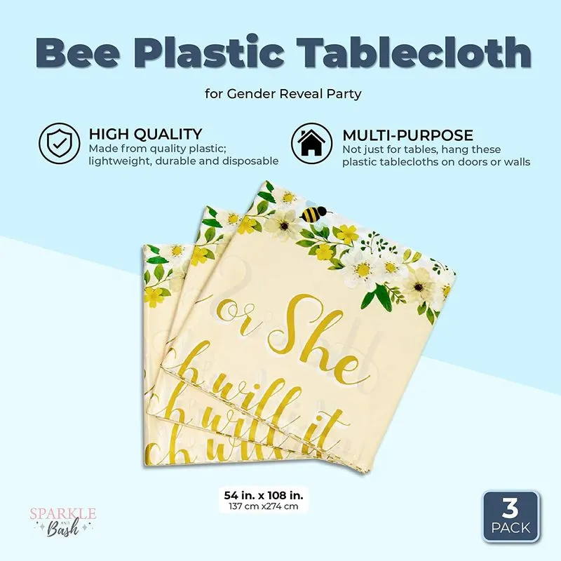 Sparkle and Bash Bee Plastic Tablecloth for Gender Reveal Party (54 x 108 Inches, 3 Pack)