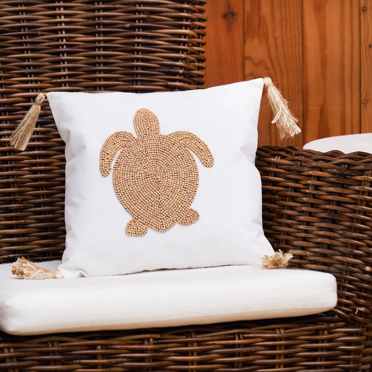 Turtle Handmade Wood Beaded Pillow